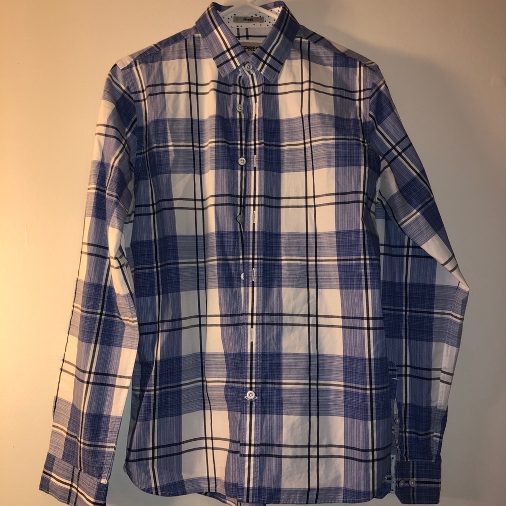 Mens S Fitted Plaid Wrinkle-Resistant (Blue/White)